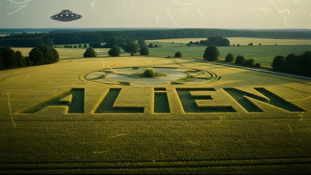 An aerial view of a crop circle with the word ALIEN spelled out in a field with a UFO flying overhead