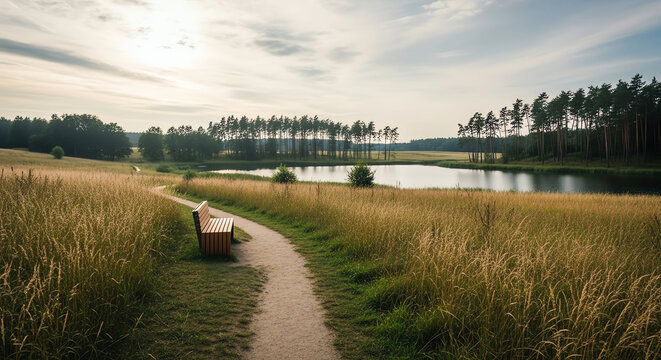 Serene lakeside scene with a walking trail and lush greenery under a partly cloudy sky.