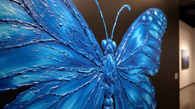 Vivid Blue Morpho Butterfly Sculpture Displayed in a Museum Gallery Setting