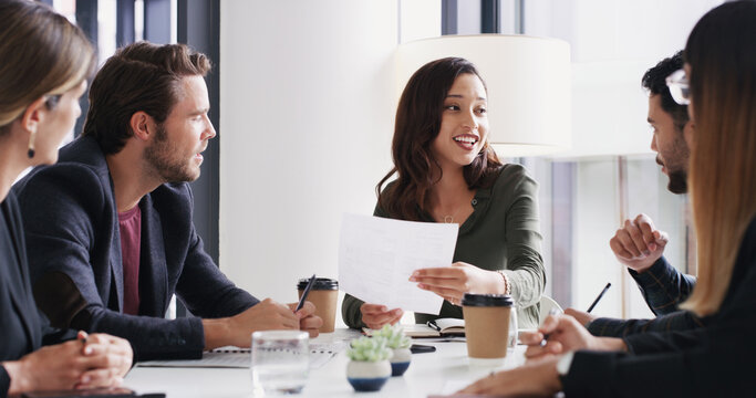 Business, people and meeting with document in office for planning, property report and contract. Woman, team and review paperwork for sales agreement, listing information and real estate negotiation