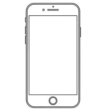 Simple line drawing of an Iphone 7 smartphone with a blank screen and home button on a white background