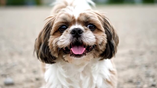 Close Up Portrait of a Happy Shih Tzu Dog with Tongue Out Looking Directly at Camera in Outdoor Setting