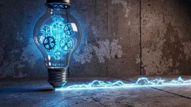 Innovative lightbulb shines bright with glowing blue circuits on concrete floor