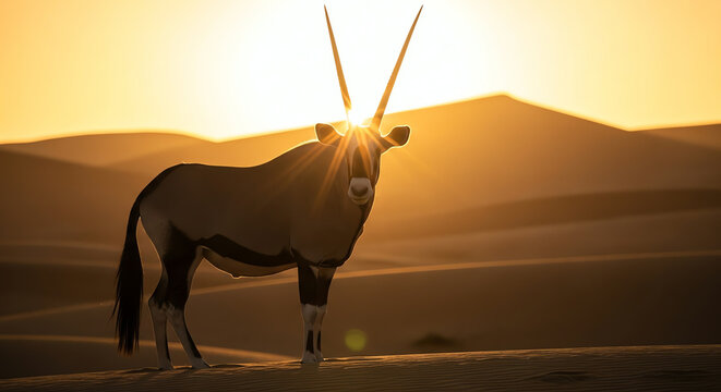 sable antelope in desert at sunset