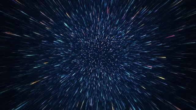 massive neon light explosion streaking outward from deep dark core brilliant blue teal purple yellow orange luminous rays forming symmetrical starburst futuristic sci fi energy effect abstract cosmic 