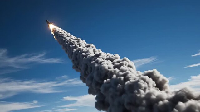 Powerful ballistic missile launch ascends into clear blue sky leaving a dramatic trail of smoke and fire, symbolizing a missile attack and military power in a dynamic aerial ascent.