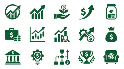 Green financial icons set for business growth and investment