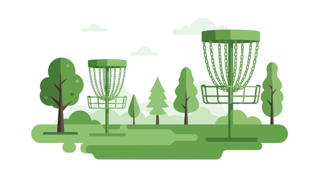 Disc Golf Baskets in Park Landscape, Green Trees, Outdoor Recreation