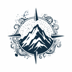 Fototapeta premium Vintage Style Mountain Peak Illustration with Compass Elements.