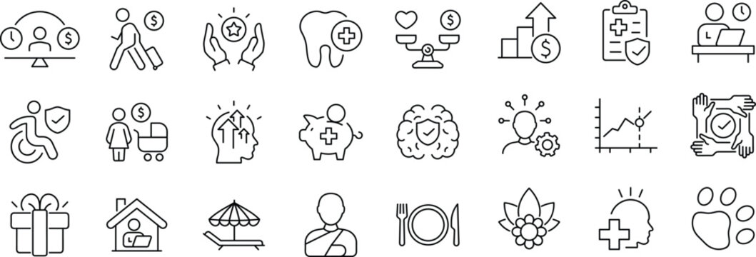 Employee benefits Web Icon Set in Linear Style. Collection of benefits, line icons, including social security, work-life balance, pay raise, insurance, wellness, compensation and more.