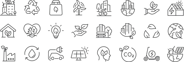 Green city Web Icon Set in Line Style. Collection of Green energy Linear Icons, Including renewable energy, autonomous building, air and water quality, zero waste, environmental. © Mayesa