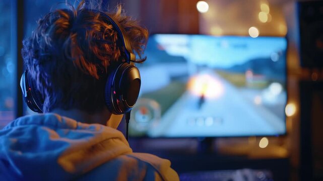 Person in headphones gaming on PC with colorful, illuminated setup