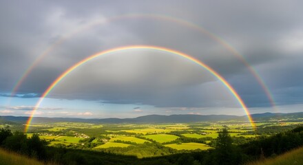 Fototapeta premium Spectacular double rainbow arching over a lush green valley under a dramatic cloudy sky, a breathtaking natural phenomenon revealing nature's vibrant beauty