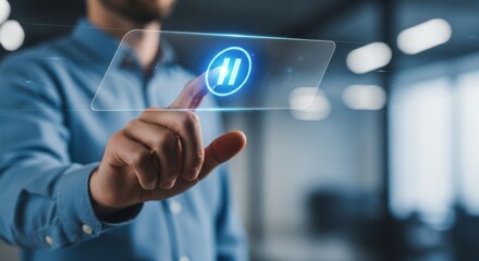 Male Hand Pressing Pause Icon on Virtual Screen