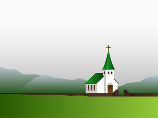 Fototapeta premium A minimalist vector illustration of a serene white church with a green roof, standing against a misty mountain backdrop in a vast green field.