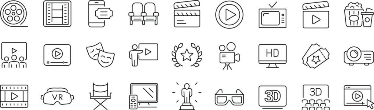Cinema set of web icons in line style. Movie and Film linear icon collection. Containing video, movie theater, 3d, vr, popcorn, ticket, director, soundtrack and more.