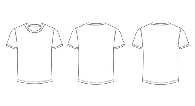 Blank white short-sleeve t-shirt vector outlines, multiple views for apparel design mockups, perfect for customization and branding displays, offering a versatile template for various fashion concepts