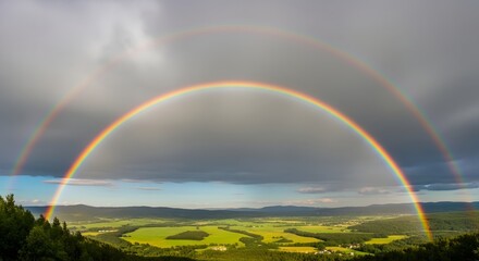 Naklejka premium A breathtaking double rainbow gracefully arches over a serene green valley, casting a vibrant spectrum of colors across the natural landscape after a refreshing rain shower under a cloudy sky