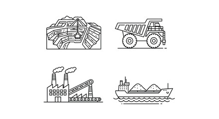 Fototapeta premium Industrial scene depicting mining factories and transportation in outline silhouette