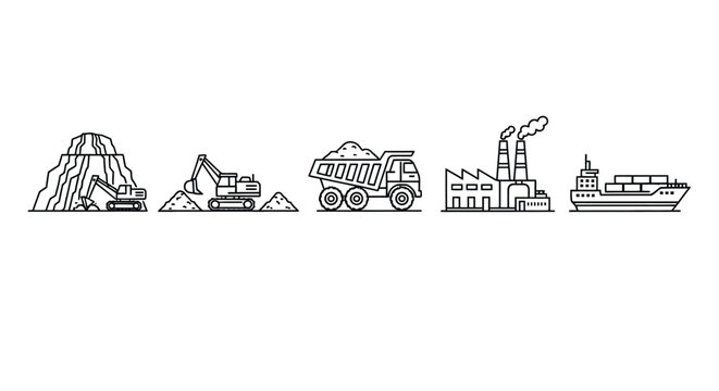 Industrial landscape featuring mining transport and factory elements a stark silhouette