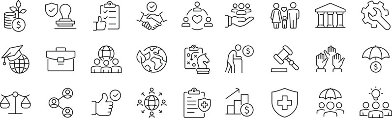 Fototapeta premium Social policy Web Icon Set in Line Style. Collection of Social services Linear Icons, Including, healthcare, family, education, protection, law, insurance, healthcare, reform and more.