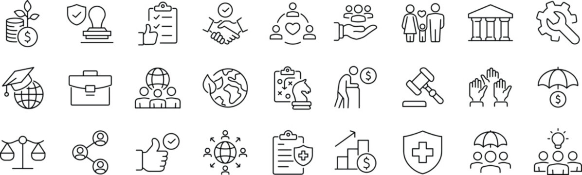 Social policy Web Icon Set in Line Style. Collection of Social services Linear Icons, Including, healthcare, family, education, protection, law, insurance, healthcare, reform and more.