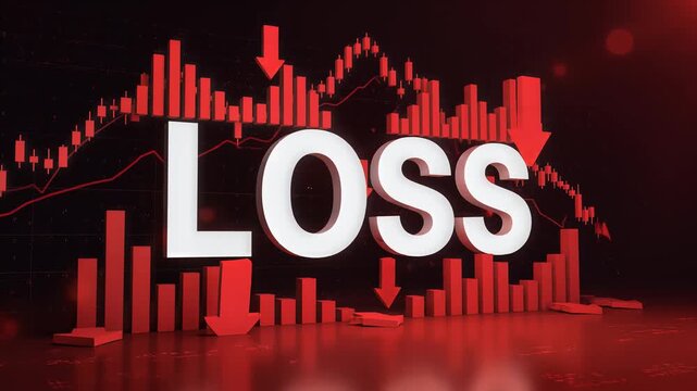 Animated 3D text LOSS surrounded by falling red bar charts and declining stock market data