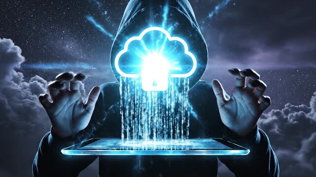 A person in a hooded jacket releases a glowing blue cloud from their hands in a dark stormy sky.