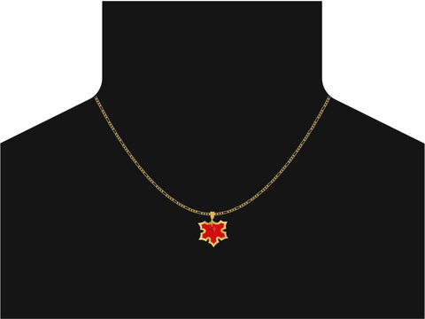 Necklace design with a red maple leaf pendant, figaro chains
