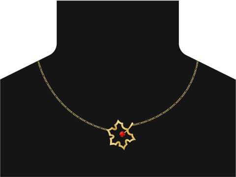 asymmetrical necklace design with a maple leaf pendant and red Swarovski, figaro chains