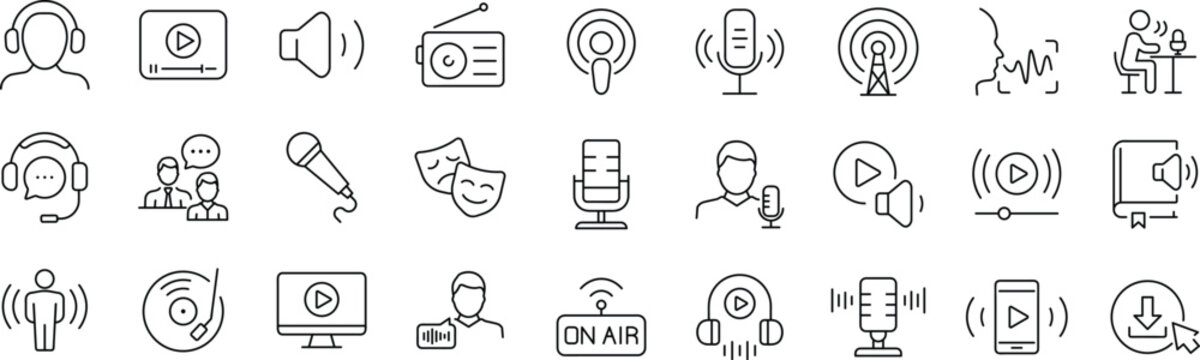 Podcast set of web icons in line style. Podcast radio linear icon collection. Containing microphone, radio, webcast, broadcast, audio, channel, video, headphones, news, and more.