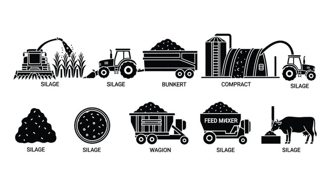 Farm machinery and silage production depicted in black silhouettes high quality