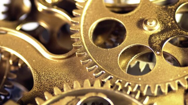 Close-up of intricate golden clockwork gears meshing together, symbolizing precision, time, and mechanical engineering in a detailed macro shot.