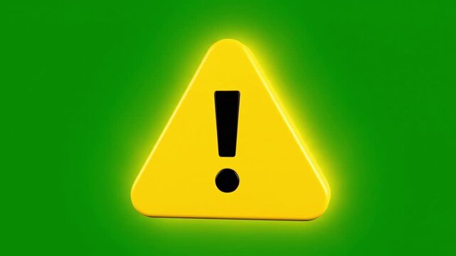 Bright yellow three-dimensional warning sign featuring a black exclamation mark, set against an intense green background, conveying an important message or alert status