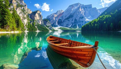 Obraz premium Wooden rowboat on a clear turquoise lake, framed by majestic mountains