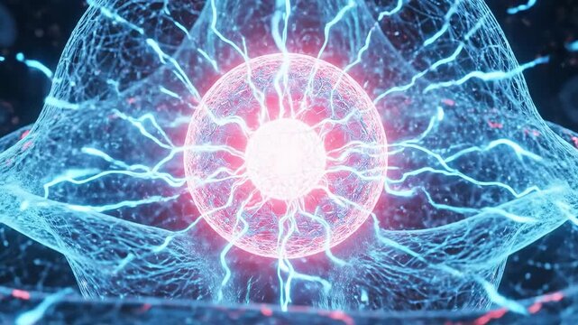 Abstract quantum computing qubit visualization with glowing red core and blue wireframe mesh