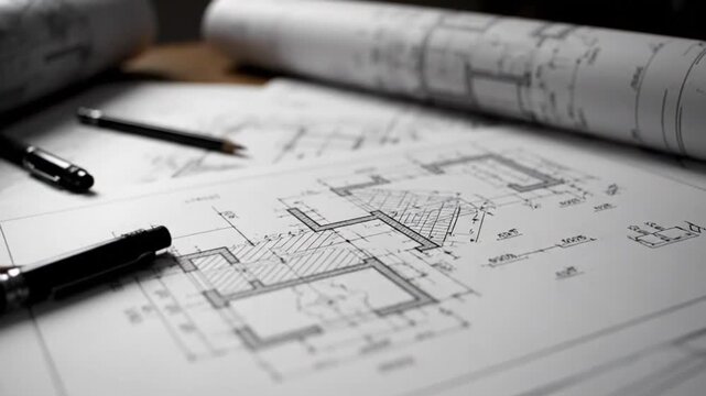 Close-Up Panning Shot of Architectural Blueprints House Floor Plans and Drawing Tools on Wooden Desk
