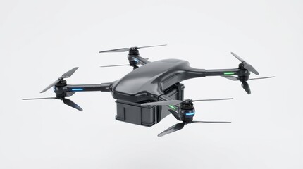 sleek black drone with multiple propellers and camera attachment flies in clean white space