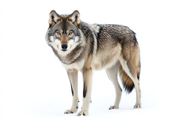 Obraz premium Full body portrait of a grey wolf standing isolated on a white background