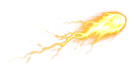 Electric lightning bolt effect isolated on transparent background, vibrant yellow energy flash illustration for dynamic design elements and dramatic visual effects