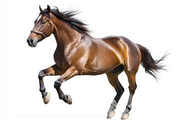 Fototapeta premium Bay horse galloping fast with mane blowing isolated on a white background