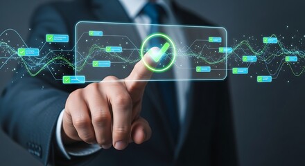 Fototapeta premium Businessman interacting with futuristic digital interface with green checkmarks