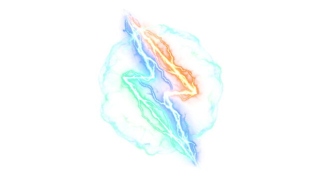Colorful abstract lightning bolt with smoke effect isolated on transparent background, vibrant energy design element for posters and advertisements