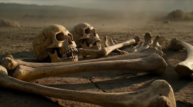 Barren Landscape with Cracked Ground Bones and Skulls Under Overcast Sky in a Desolate Setting with an Eerie Atmosphere