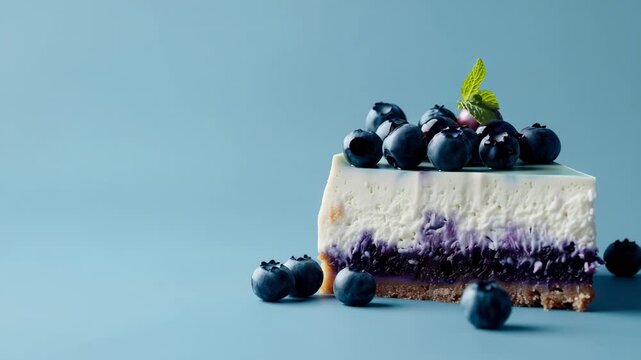 Slice of blueberry cheesecake garnished with fresh berries and mint against blue background