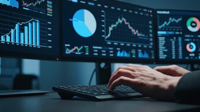 Financial Analyst Hands Typing on Keyboard in Front of Multiple Monitors Showing Real-Time Stock Market Data