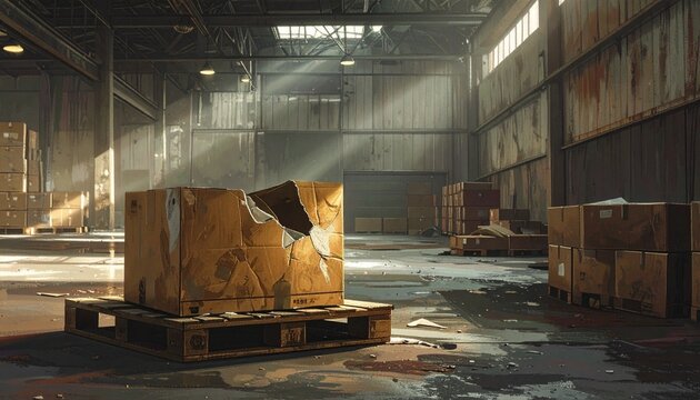 A dimly lit, industrial warehouse featuring a damaged cardboard box on a wooden pallet. A single overhead light casts a dramatic spotlight on the torn package amidst scattered debris and shadows.