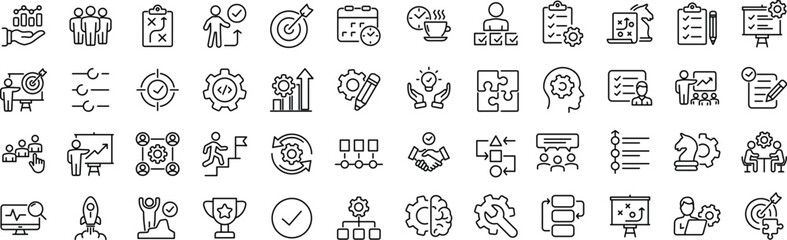 Fototapeta premium Action plan set of web icons in line style. Strategy action planning icons for web and mobile app. Containing strategy, analysis, planning, strategy, analysis, tasks, goal, implementation