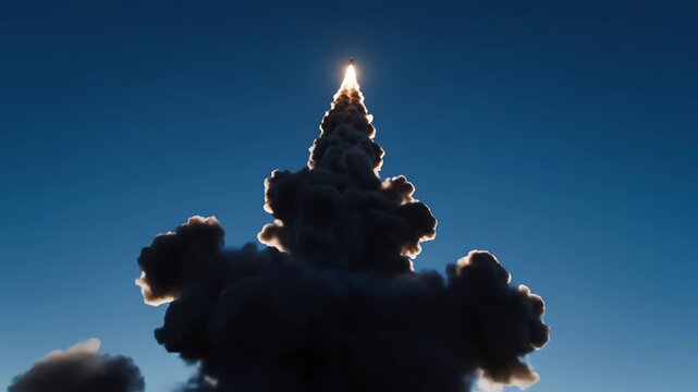 Dramatic missile attack launch with powerful rocket ascending through thick smoke plumes and bright exhaust against a clear blue sky, symbolizing power, conflict, and technological advancement