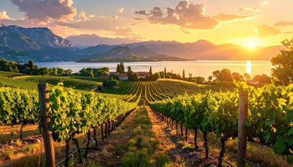 Obraz premium Vineyards bathed in golden sunlight overlooking a tranquil lake and mountains